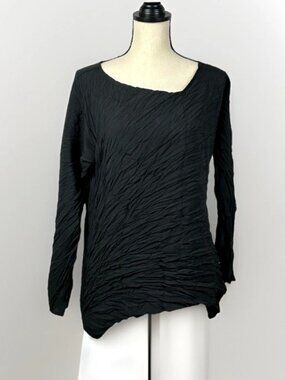 Babette Black Crinkled Asymmetric Hem Shirt Top Sz M Artsy Lagenlook USA